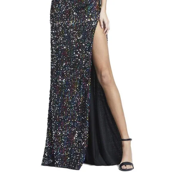 Ieena Mac Duggal Black Multi Colored Sequin Side Slit Gown